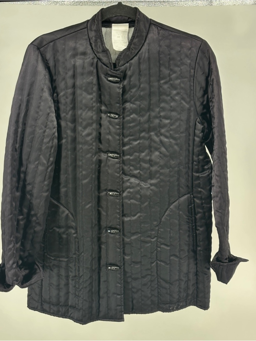 Vintage Women’s Quilted‎ Black Satin Jacket with Mandarin Collar Toggle Button